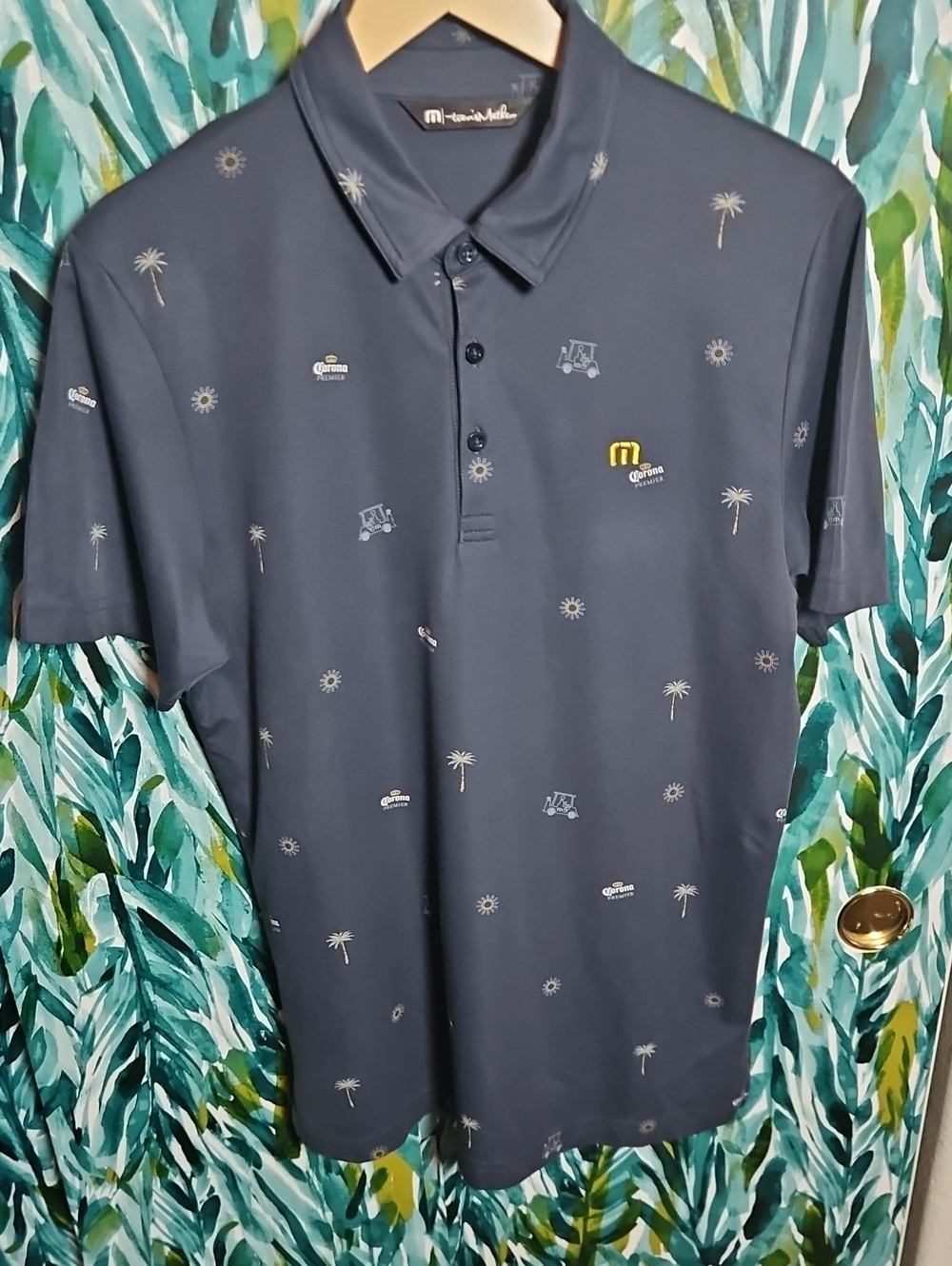 Travis Mathew Corona Themed Navy Polo with Palm & Sun Microprint - Size M
